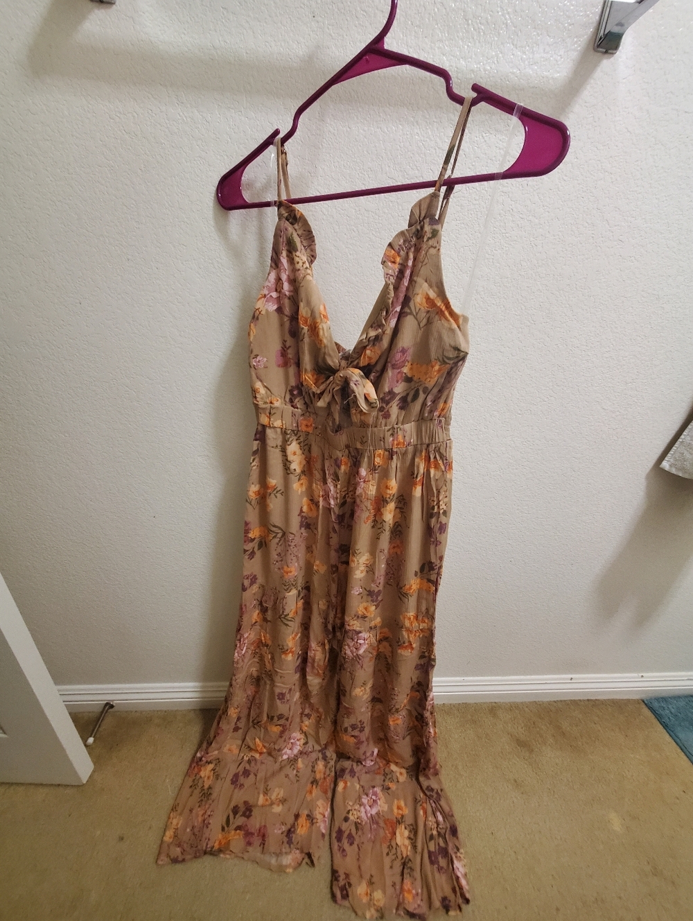 Charlotte Russe Beige Floral Tie-Front Jumpsuit